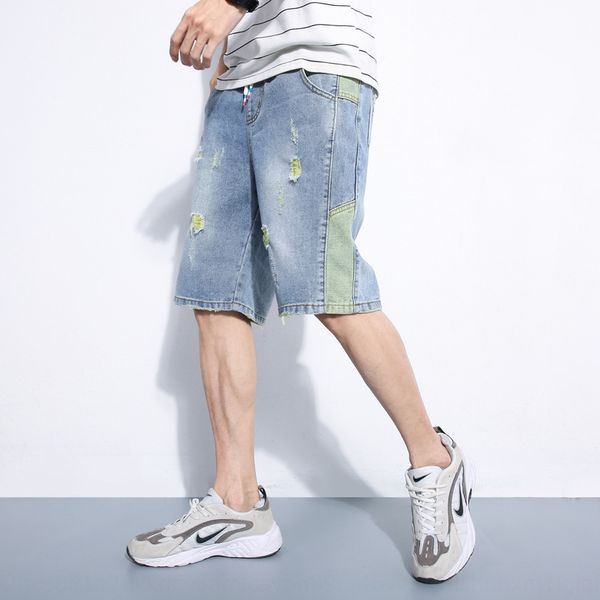 

koxqx trendy brand ripped denim shorts men's cropped nine pants nine pantsshorts ankle-length pants new loose tooling casual wear fashi, Blue