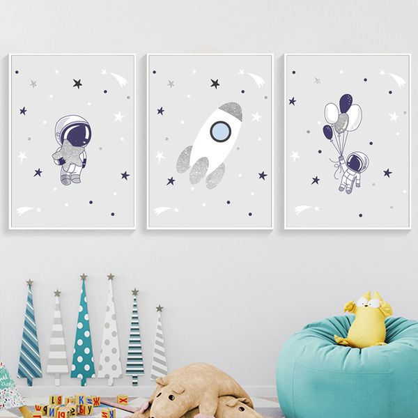 

blue balloon astronaut wall art canvas poster rocket nursery canvas painting space boy poster prints baby kids room wall picture