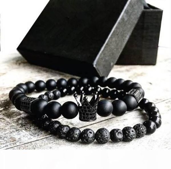 

2pcs set men woman bead bracelet crown charm bangle natural beads buddha bracelet for women and mens pulseras masculina, Golden;silver