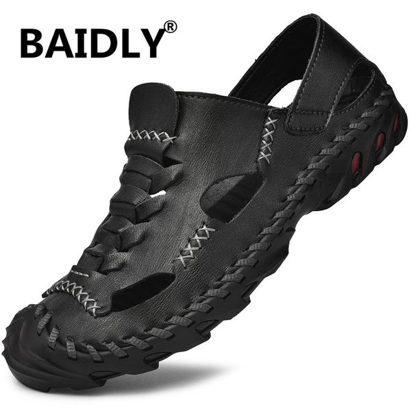

summer genuine leather men's sandals handmade classic men slippers walking beach sandalias outdoor men roman sandals big size, Black