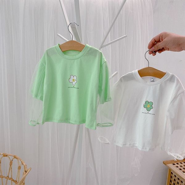 

3fkwu 2020 summer new children's korean style fashionable versatile t-shirt small flower fake two-piece medium sleeve solid color girl, Blue
