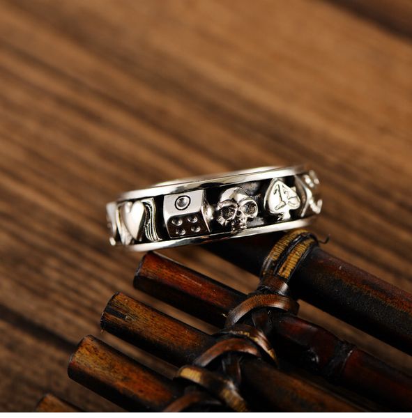 

925 sterling silver retro trend skull love poker rotatable men's ring
