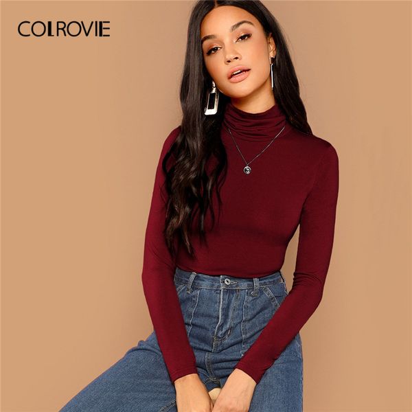 

colrovie burgundy solid high neck christmas slim fitted casual tee womens 2020 spring fashion korean long sleeve elegant t-shirt, White