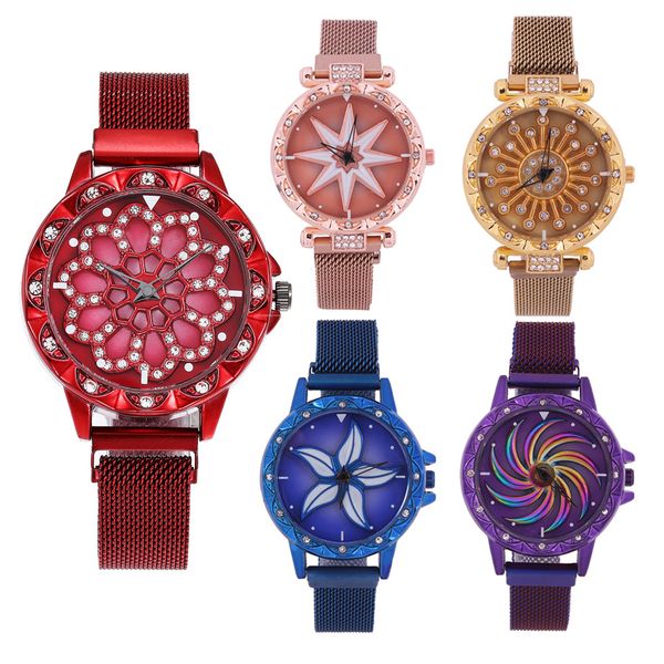 

wholesale mix designs fashion quartz watch rotating dial with magnetic strap spinner wristwatches ing, Slivery;brown