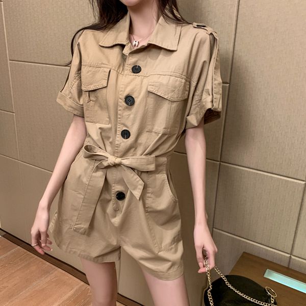 

2020 fashion summer jumpsuit women short sleeve button pocket cargo playsuits with belt rompers jumpsuits combinaison femme, Black;white