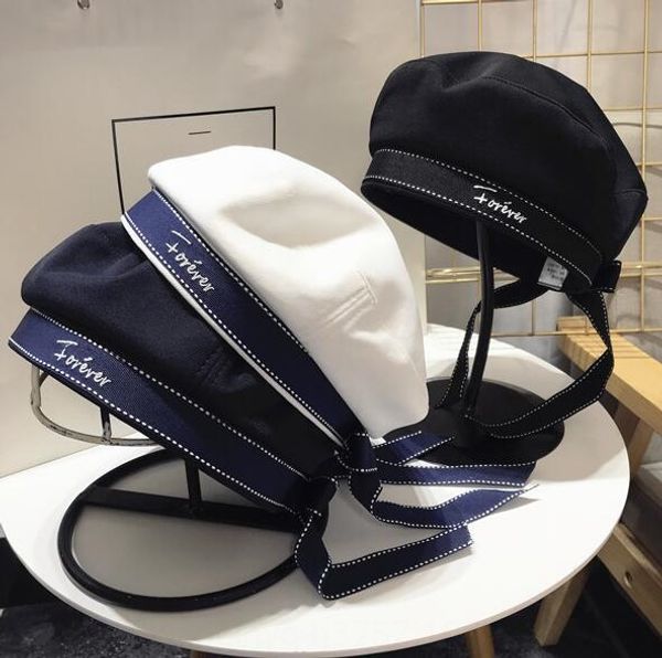 

female fashion letter ribbon bow flat butterfly beret beret korean style all-match student hat sailor hat, Blue;gray