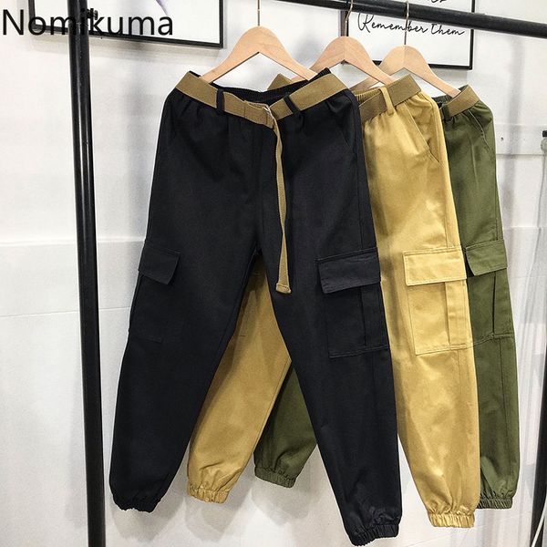 

nomikuma 2020 new safari style long trousers belt stretch high waist women cargo pants causal pockets harem pants femme 6b167, Black;white