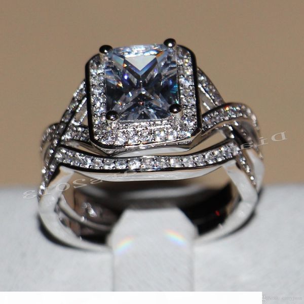 

l l 4ct princess cut luxury jewelry 10kt white gold filled z cz diamond diamonique wedding engagement rings set for women, Slivery;golden