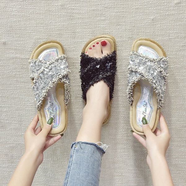 

2020 summer new fashion sequined tassel flat-soled women's korean style sequins slippers outdoor slippers