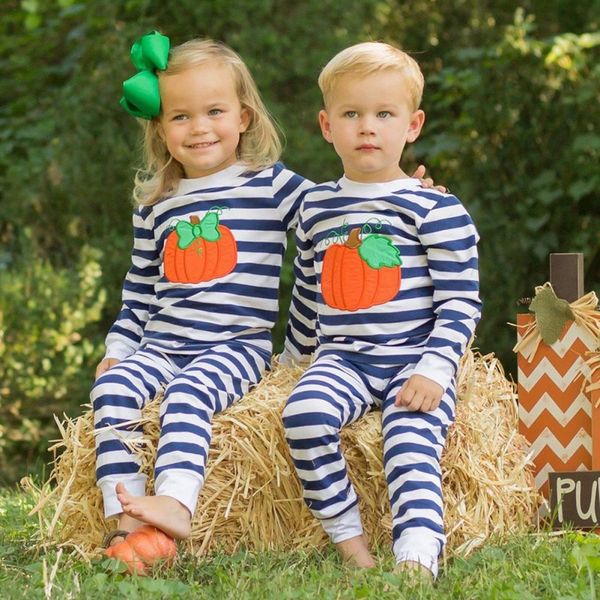 

new arrival popular autumn baby boy halloween long sleeve pumpkin print t-shirt +striped pants casual costume set, White