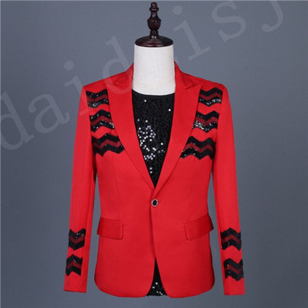 

hip mens red wave black sequined jacket club/stage performance/studio suit/asia size, White;black