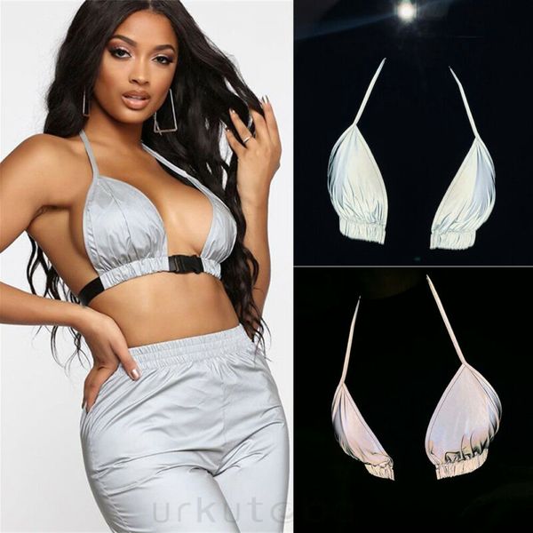 

camisoles & tanks v neck holographic bralette crop strap silver reflective fashion camis summer 2021 sleeveless backless tank, Black;white