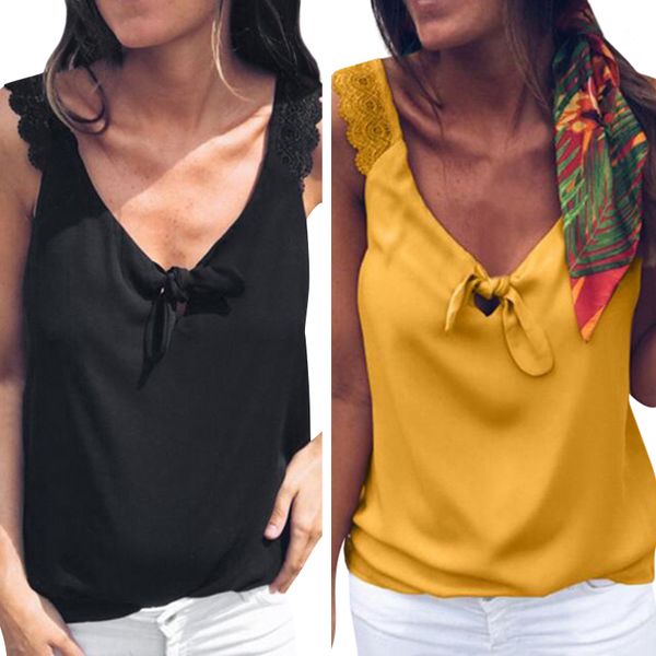 

bow-knot lace tank women solid color tee female casual harajuku loose v-neck sleeveless vest, White