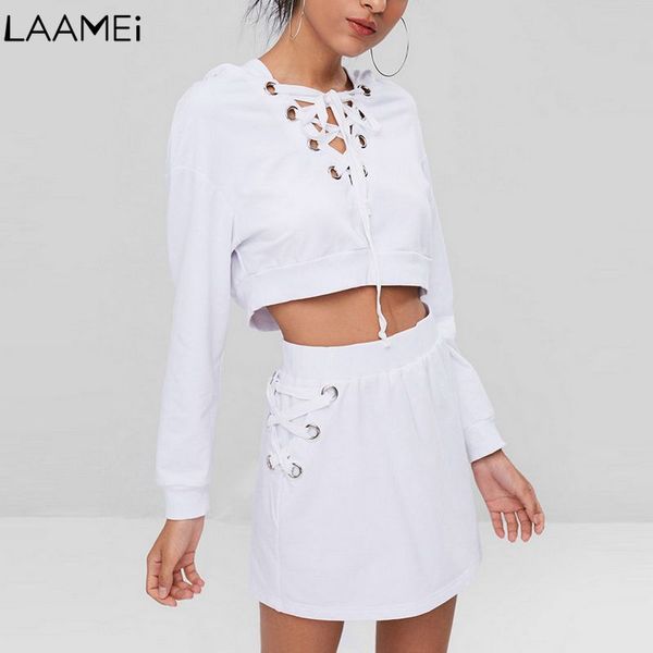 

laamei 2020 new female sports tracksuit crop women's lace-up skirt high waist hollow hooded long-sleeved suits, Gray