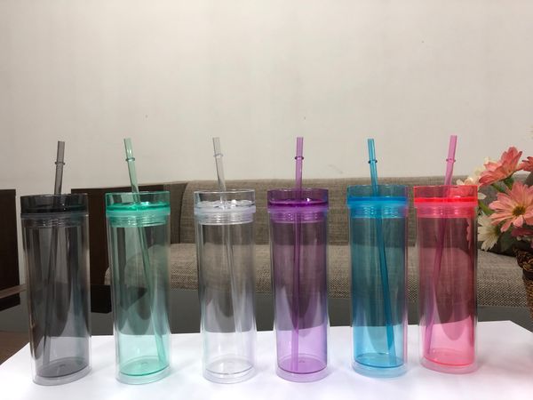 

ups 16oz acrylic tumbler clear drinking bottles plastic transparent cups double wall straight tumbler with lid and straw 6 colors a12