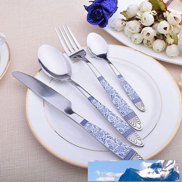 4PCS Set China Blau und Weiß Geschirr Keramik Blume Qualität Silber Besteck Messer Gabel Lebensmittel Edelstahl Abendessen