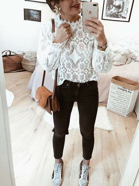 

simply elegant white lace blouse shirt hollow out embroidery feminine blouse women long lantern sleeve summer female