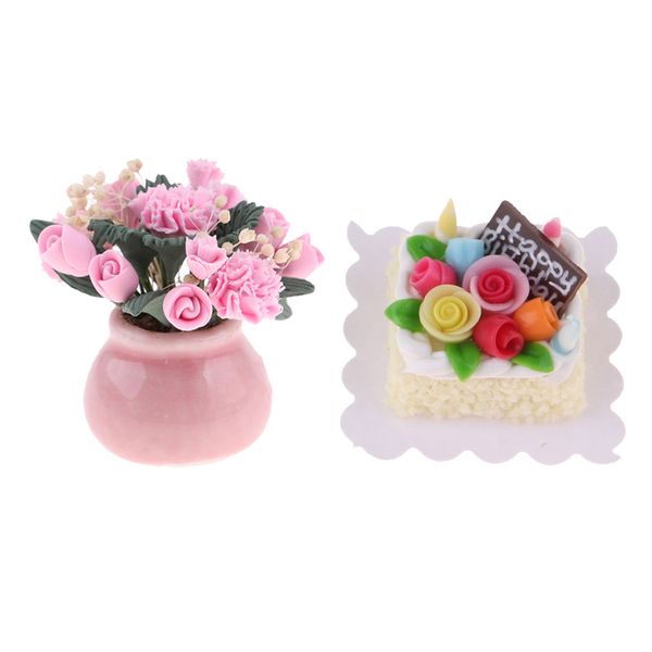 

1/12 dollhouse miniature food birthday cake model & pink carnations decor