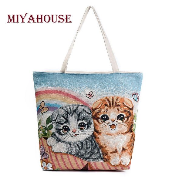 

miyahouse large capacity shoulder bag women cute cats printed canvas handbag shopping bag daily user casual tote bags female