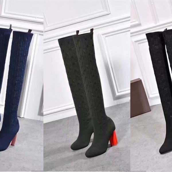 

2020 autumn winter new style stocking boots elastic fashion show thin wool yarn thick high heel socks boots women's shoes, Black