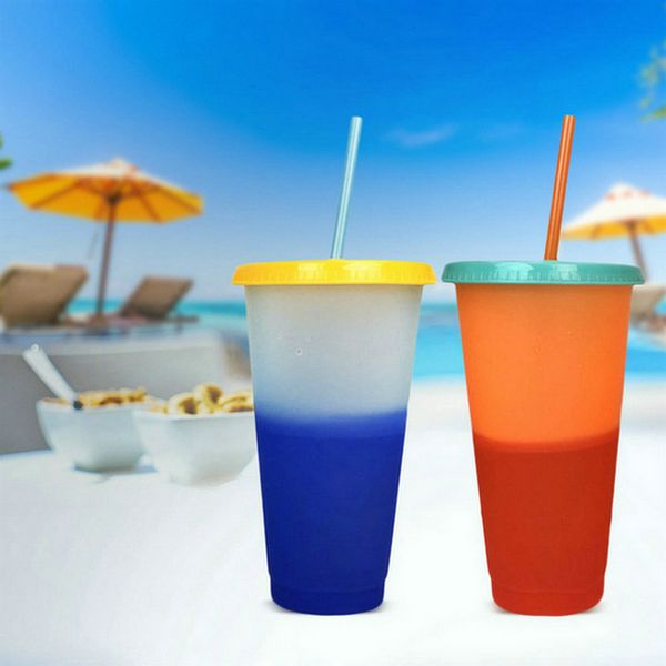 

горячие 24oz изменения цвета волшебная чашка металлопластиковые отношение массажеры с крышкой и соломы конфеты цветов многоразовый холодные
