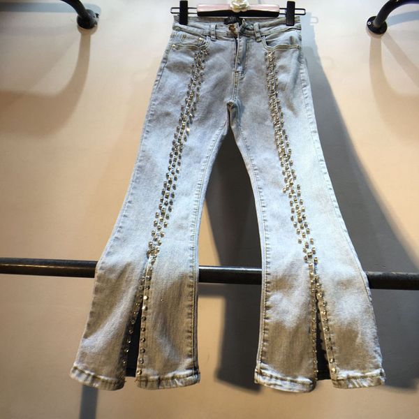 

2020 summer new fashion women jeans beaded split high waist flare ankle-length lady elegant pants female jeans, Blue