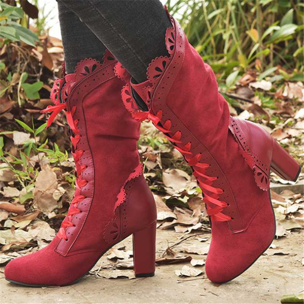 

2020 women lace women's high heel middle tube boots botas zapatos mujer retro leather winter shoes plus size booties cowboy boot, Black