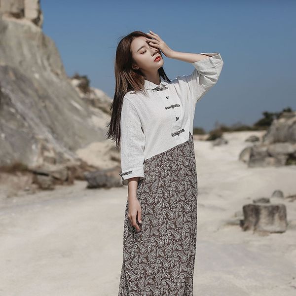 

z95kg floral women's artistic stitching buckle stand collar seven-quarter sleeve floral women's artistic stitching dress buckle st, Black;gray