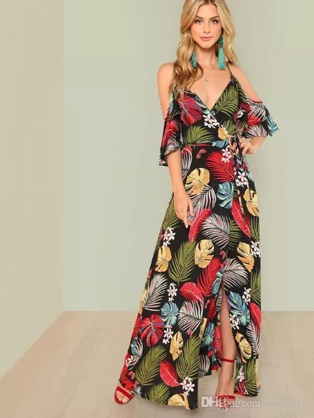 

женщины летнее платье недоуздок строп с коротким рукавом элегантная леди лист печать раскол юбка casual длинные пляжные ленты талии платья р, Black;gray