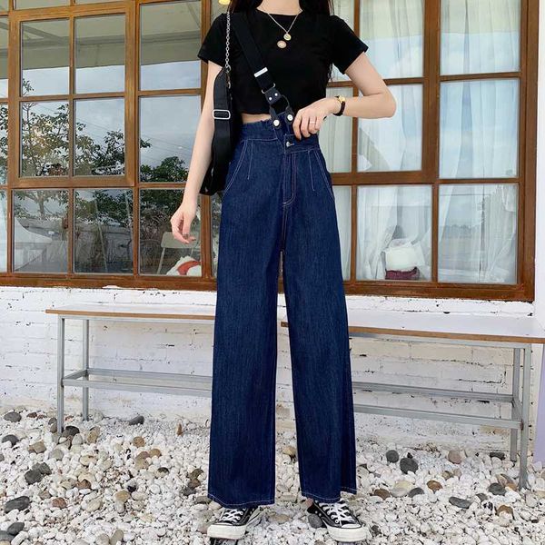 

новые джинсы для женщин колледжа стиль jeans vintage омывается мода комбинезоны дряблая высокая талия широкие ноги штаны straight, Blue