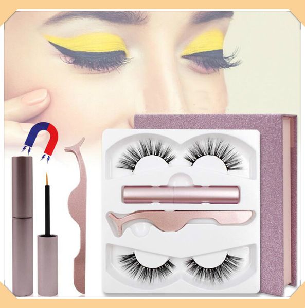 

2 pairs magnetic false eyelashes magnetic eyeliner set 3d three-dimensional imitation mink hair reusable eyelash no glue needed