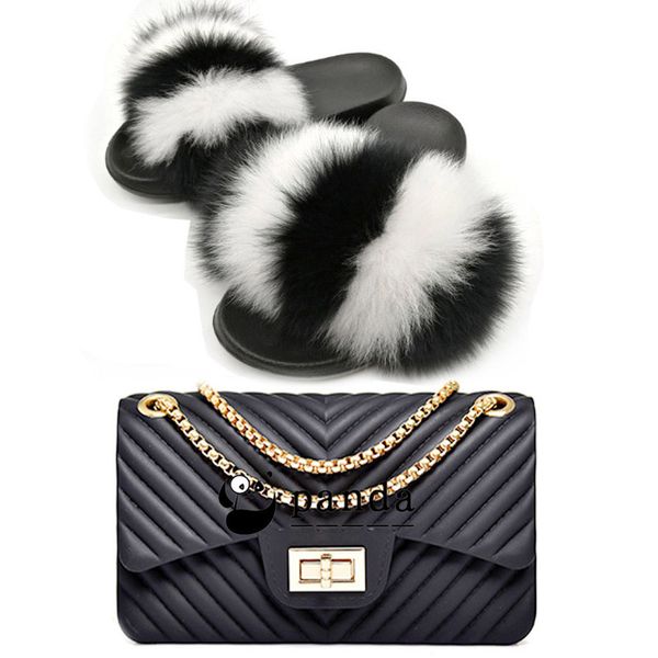 

fur slides slipper and colorful cross-body bag set jelly purses with slipper shoes women crossbody bag fur slides sets, Black