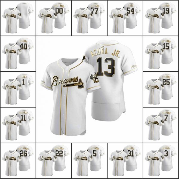 

atlanta braves #5 freddie an 7 dansby swanson 13 ronald acuna jr. men women youth authentic golden edition custom jersey, Black