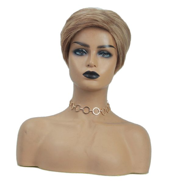 

8\" light brown short straight human hair wigs fluffy side part full wigs, Black