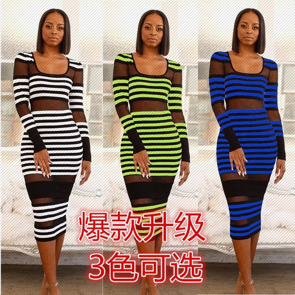 

h8889 independent station amazon popular classic color striped mesh european and american womens casual dress, White;black
