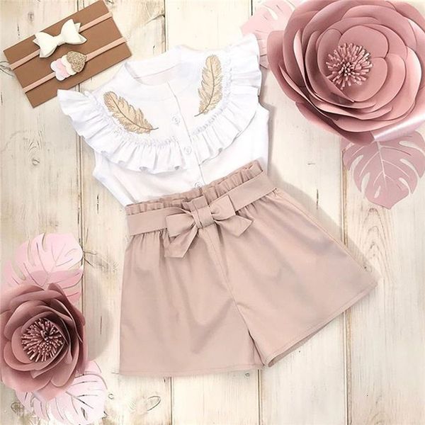

new fashion casual ruffles toddler kid baby girls petal sleeve outfits button t shirt short pants clothes sets o-neck, Gray