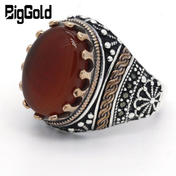 

new arrival 925 sterling silver men stone ring red onyx original vintage craved rings for men women turkish retro jewelry, Golden;silver