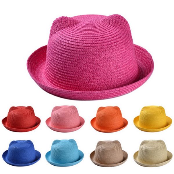 

2020 new lovely summer straw hats baby ear decorations cap child character girls boys sun hat children floppy panama candy color, Yellow