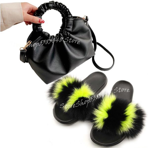 

new fashion colorful fur slippers women fur slides flat non-slip eva ladies sandals candy color cloud handbag wholesale, Black