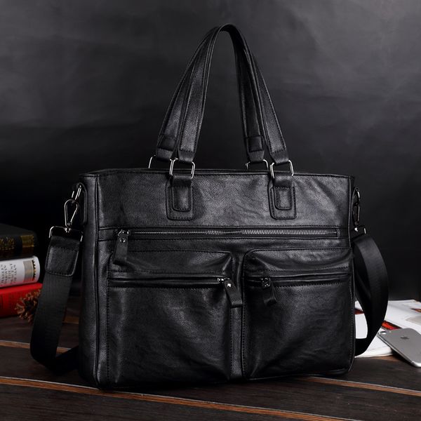

men luxury cow leather business bags men's black briefcase male shoulder bags leather messenger bag tote computer handbag
