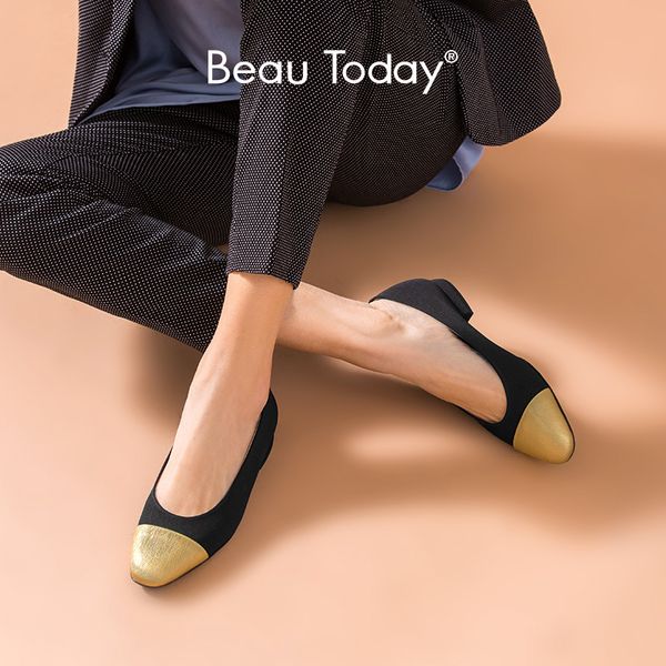 

beautoday shallow насосы женщин из натуральной кожи коровы ткань круглый toe слип-on весна осень леди низкий каблук обувь ручной работы 1803, Black
