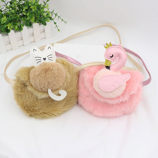 

cartoon kids mini coin purse handbag cute baby faux fur cat small zero wallet bag kawaii girls plush purses messenger bag, White