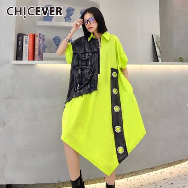 

chicever patchwork denim hit color dress women lapel collar short sleeve oversize loose asymmetric midi dresses 2020 summer new, Black;gray