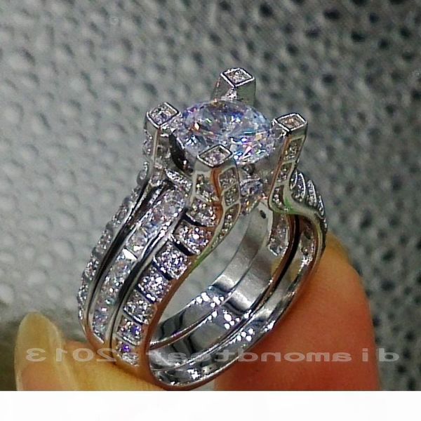 

k sz 5 6 7 8 9 10 wholesale retro 10kt white gold filled gf white z gem simulated diamond engagement wedding ring set, Silver