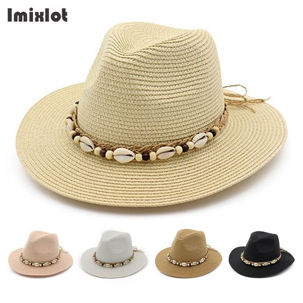 

summer hats for women england style wide brim straw hats sun visor shell beads hat panama travel beach hat women's strawhat y200619, Blue;gray