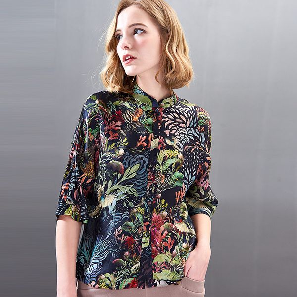 

women and blouses black silk green plant floral 2020 summer office shirts long sleeve casual plus size, White