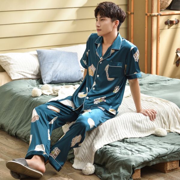 

stylish printed satin surface pajama short-sleeved pants pajama lapel pajamas set summer ice silk men pajamas, Black;brown