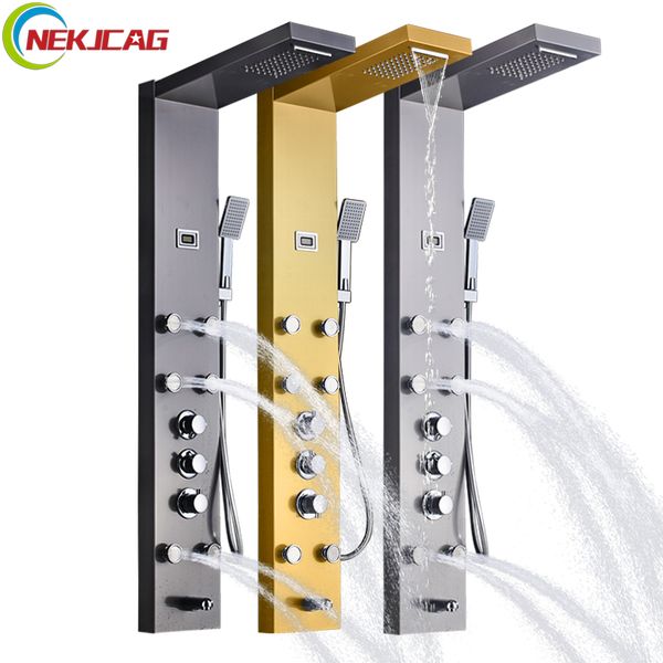 

wall mounted thermostatic shower panel 6pc massage jets tower shower column temperature display with hand shower