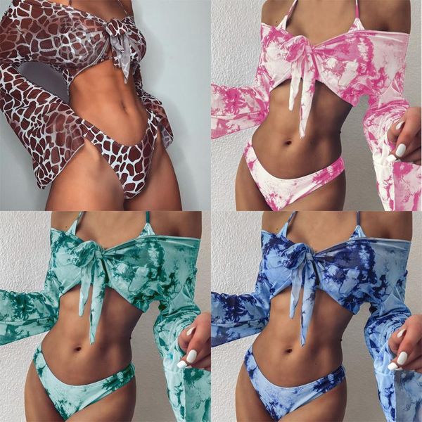 

women's swimwear print long sleeve high waist women bathing suit bandeau bikinis swimsuit push up 3 pieces summer beachwear, White;black