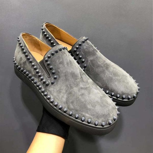 

fashion suede men casual shoes rivet stud flat shoes low spike outdoor sneakers grey black red white lace up men runway